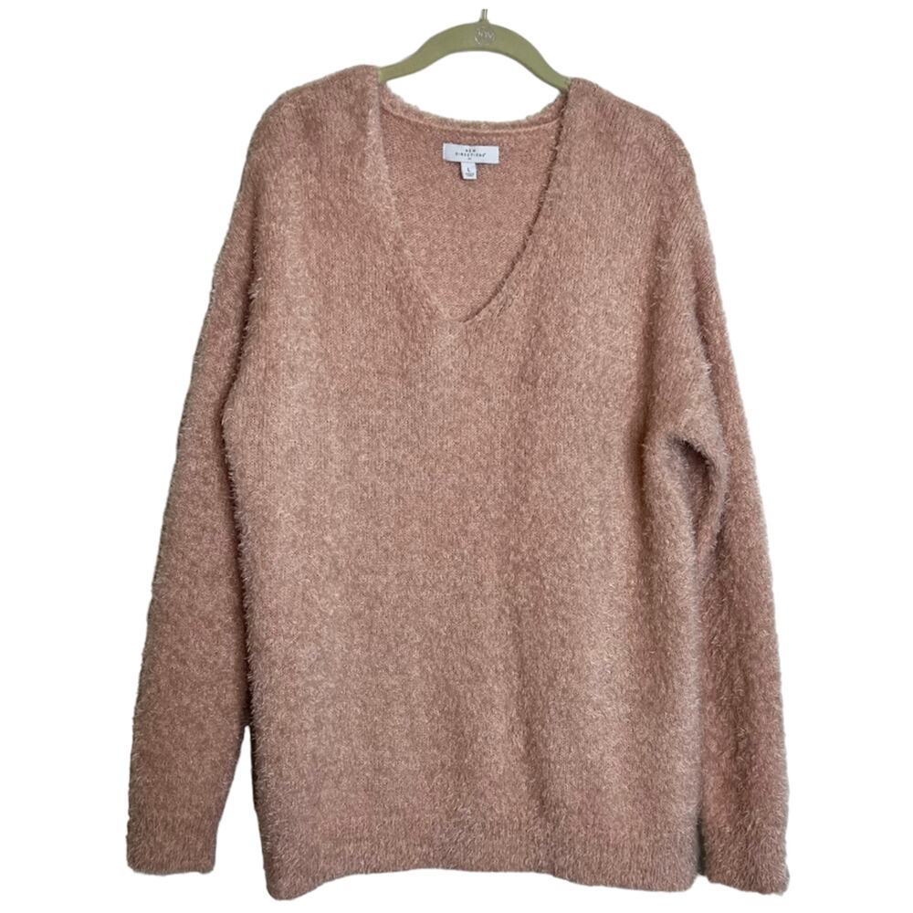 New Directions Womens Eyelash Knit Sweater Large Pink V-Neck Pullover